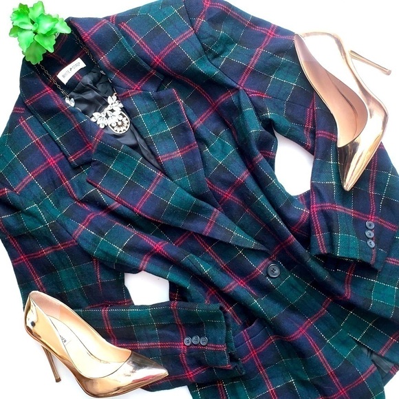 Vintage White Stag Tartan Plaid Blazer Blue, Green, Red, Gold Single Button - Picture 1 of 6